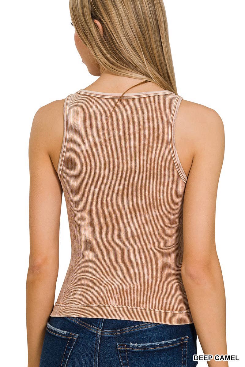 Washed Ribbed Button -up Tank Top: DEEP SKY