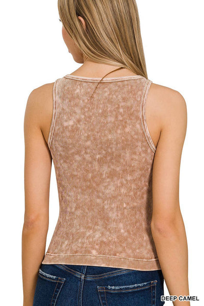 Washed Ribbed Button -up Tank Top: DEEP SKY