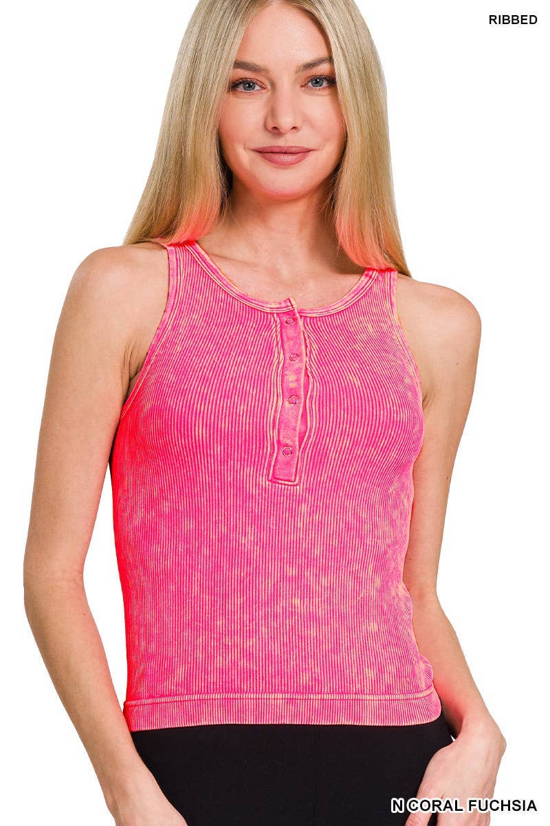 Washed Ribbed Button -up Tank Top: DEEP SKY