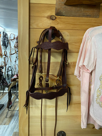 Tooled Basketweave Schwartz Scalloped Dark Brown Headstall & Matching Breast Collar Leather & Brass Hardware