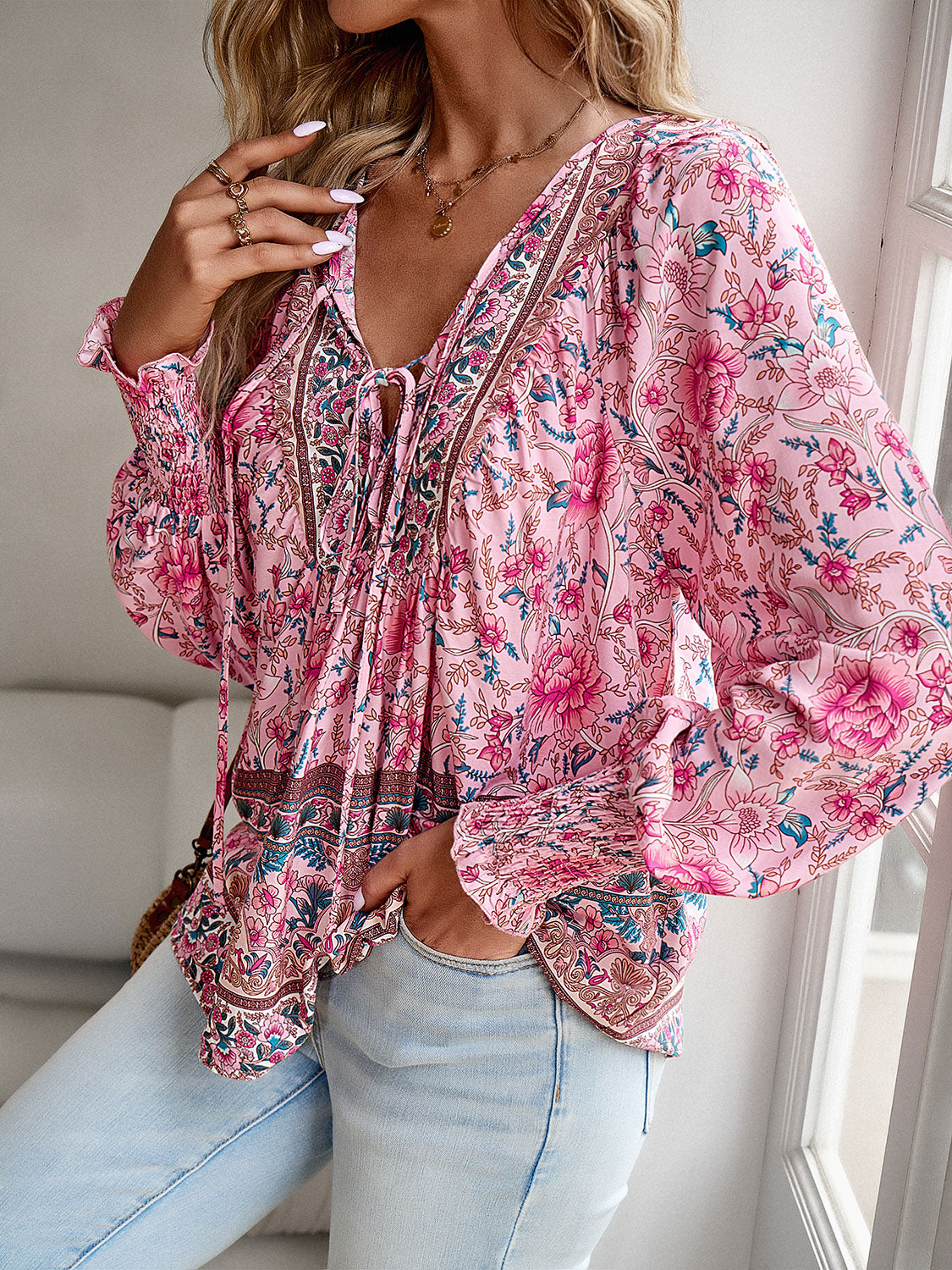 The Devine Bohemian Tie Neck Lantern Sleeve Blouse