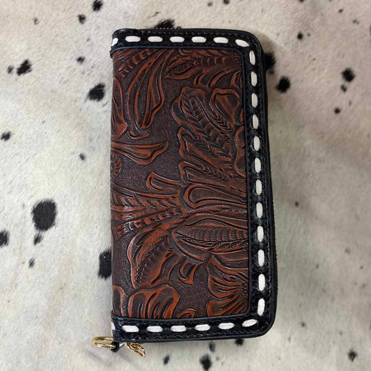 Amish Made Hand Tooled Dark Brown Leather Buckstitch Zipper Wallet
