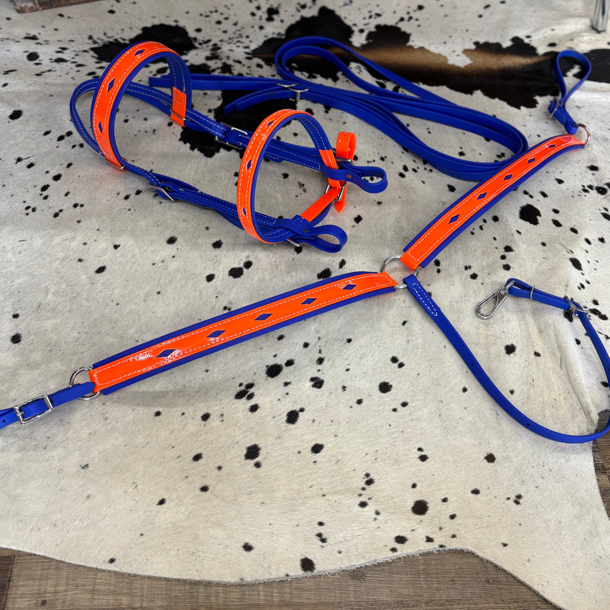 Amish Crafted Biothane Orange & Blue Diamond Inlay Bridle w/ Matching 3 point Breast Collar