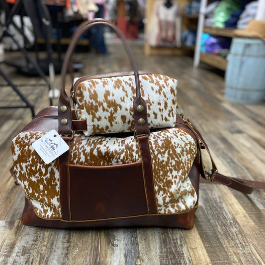 Amish Crafted “Get Away” SET Rectangular Shaped All Leather & Cowhide Toiletries Bag & Large Duffle