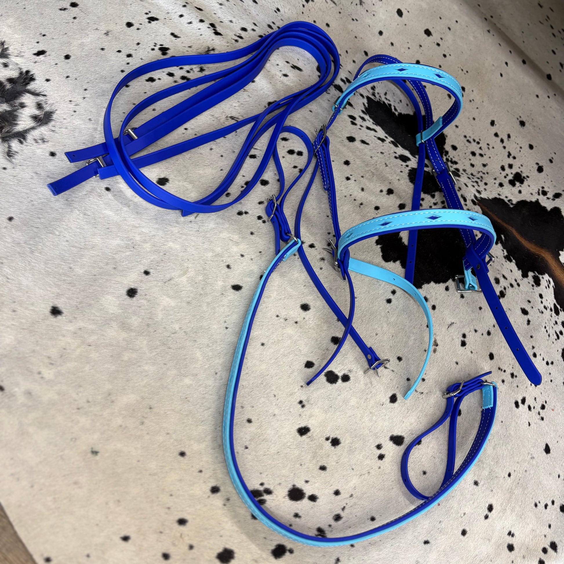 Amish Crafted Navy Blue & Teal w/ Diamond Print Inlay  Bridle Set w/ Matching Strait Breast Collar & Reins