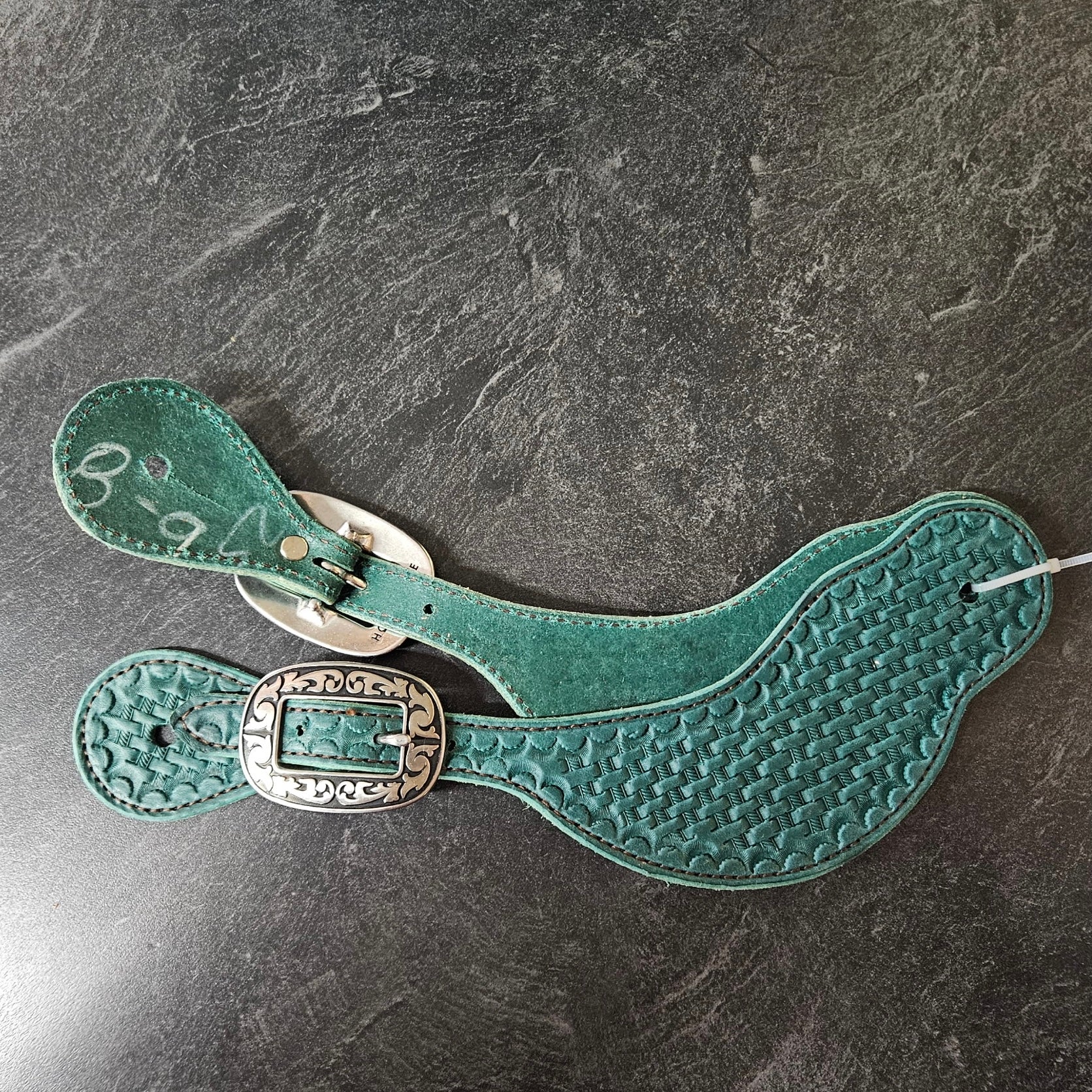 Amish Crafted Spur Strap Deep Teal Hand Tooled Basketweave  Deep Contour w/ Stainless Steel Detailed Hardware