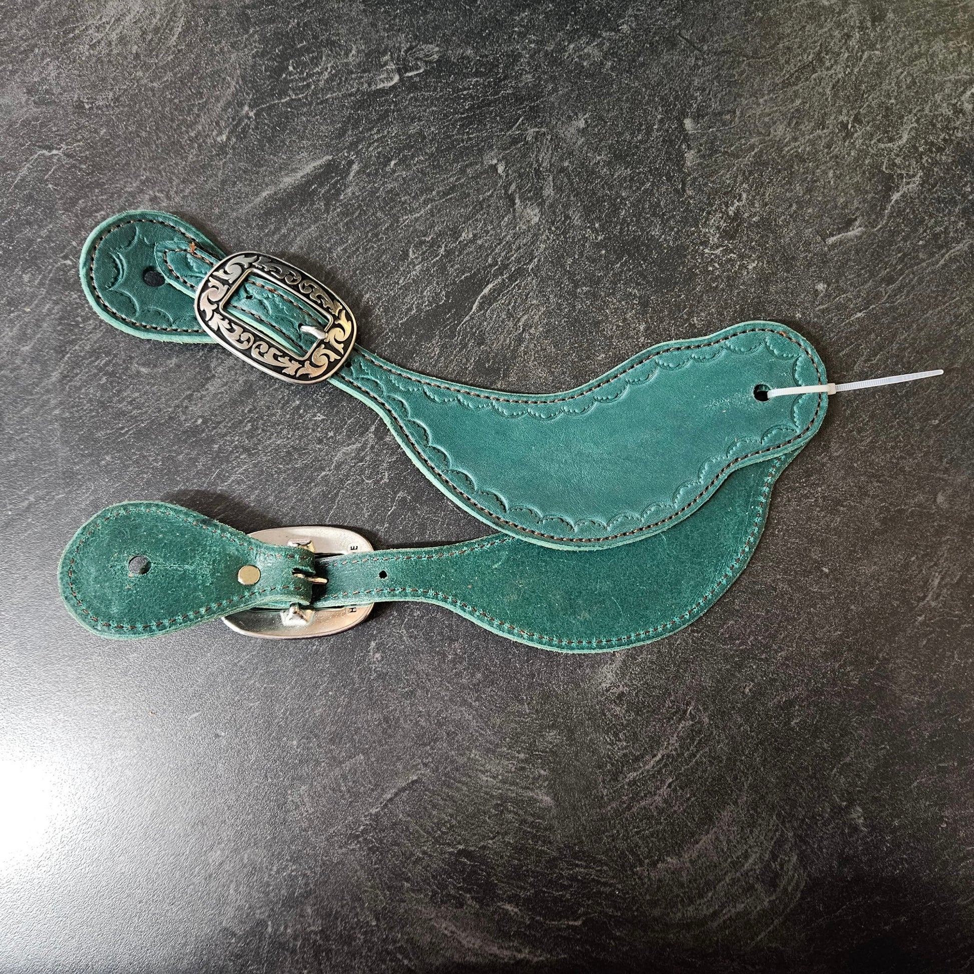 Amish Crafted Spur Strap Deep Teal Hand Tooled Trimmed Deep Contour w/ Stainless Steel Detailed Hardware
