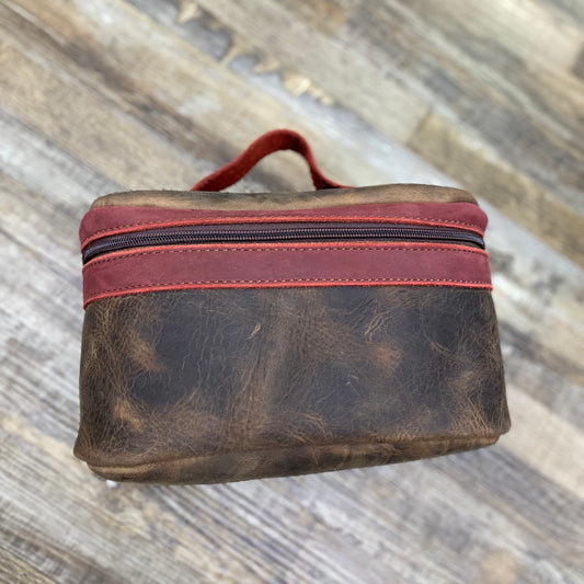 Amish Crafted “The Rodeo Ready Toiletry Bag” Oval Shaped All Leather Brown & Burgundy