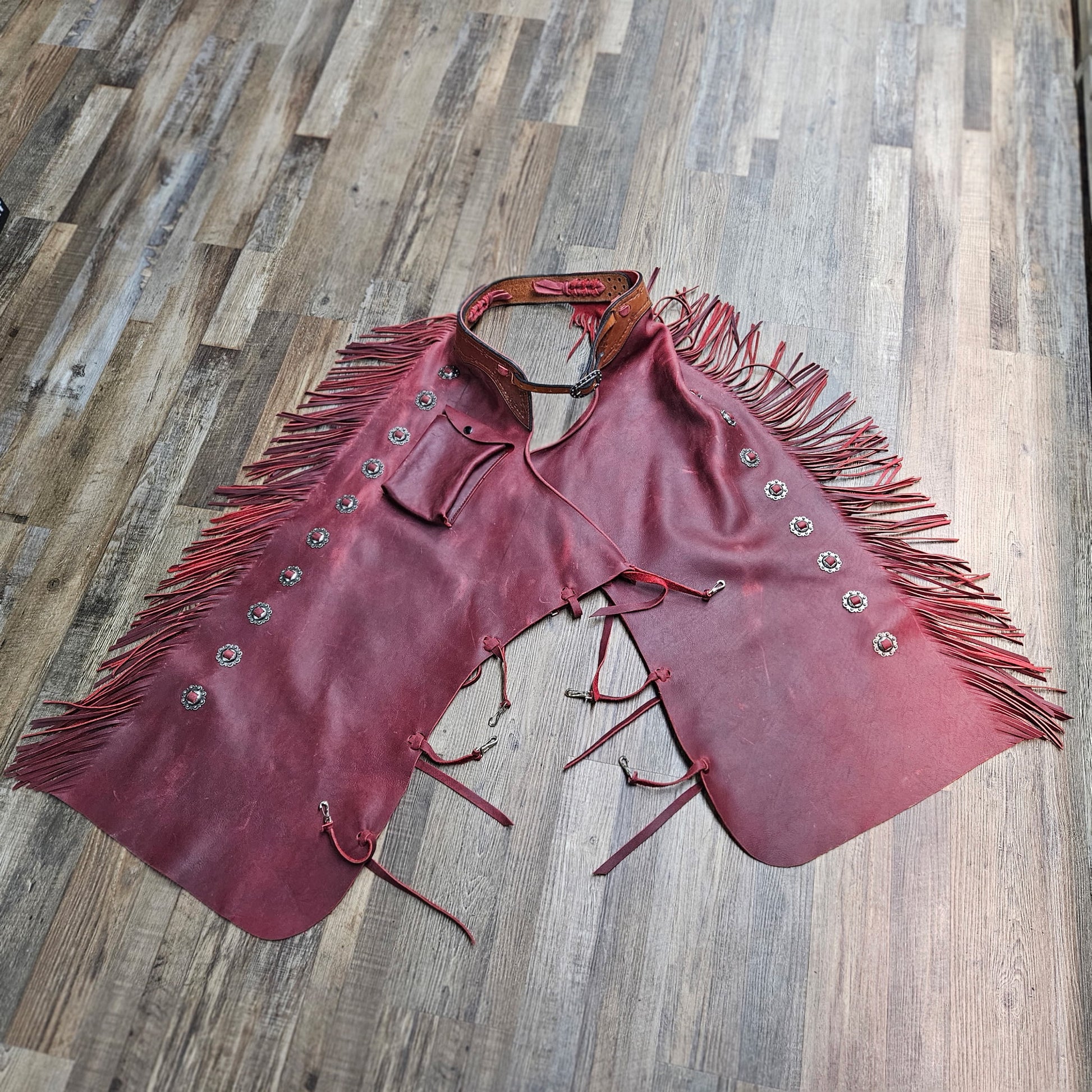 Amish Custom Leather Tooled Barbed Wire Fire Red Chaps w/ Exterior Pocket 