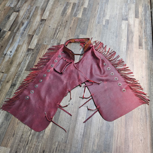 Amish Custom Leather Tooled Barbed Wire Fire Red Chaps w/ Exterior Pocket 