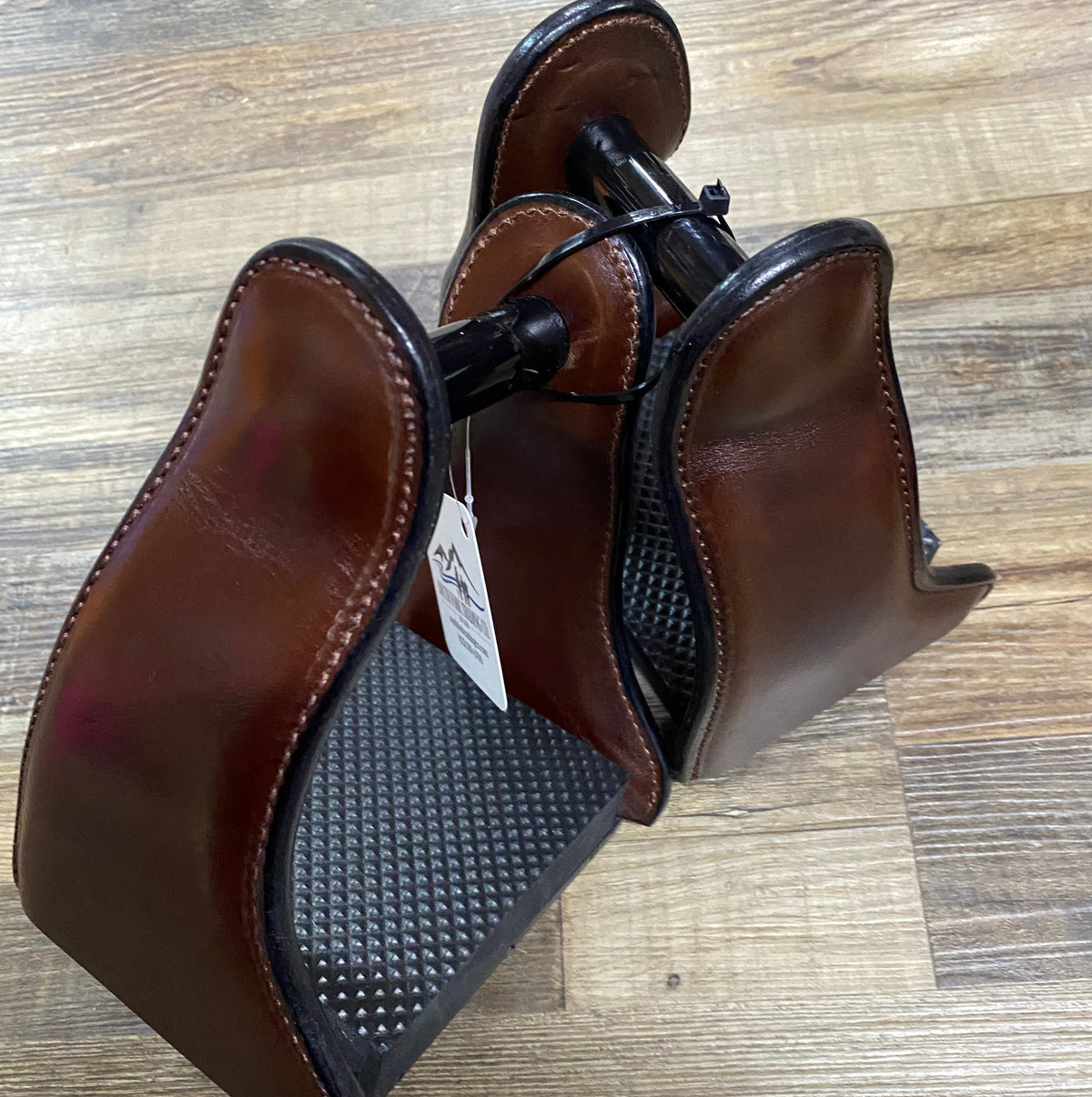 Amish Made Brown Leather Endurance Western Wide DELUXE Trail Stirrups Various Widths at Neck Attachment