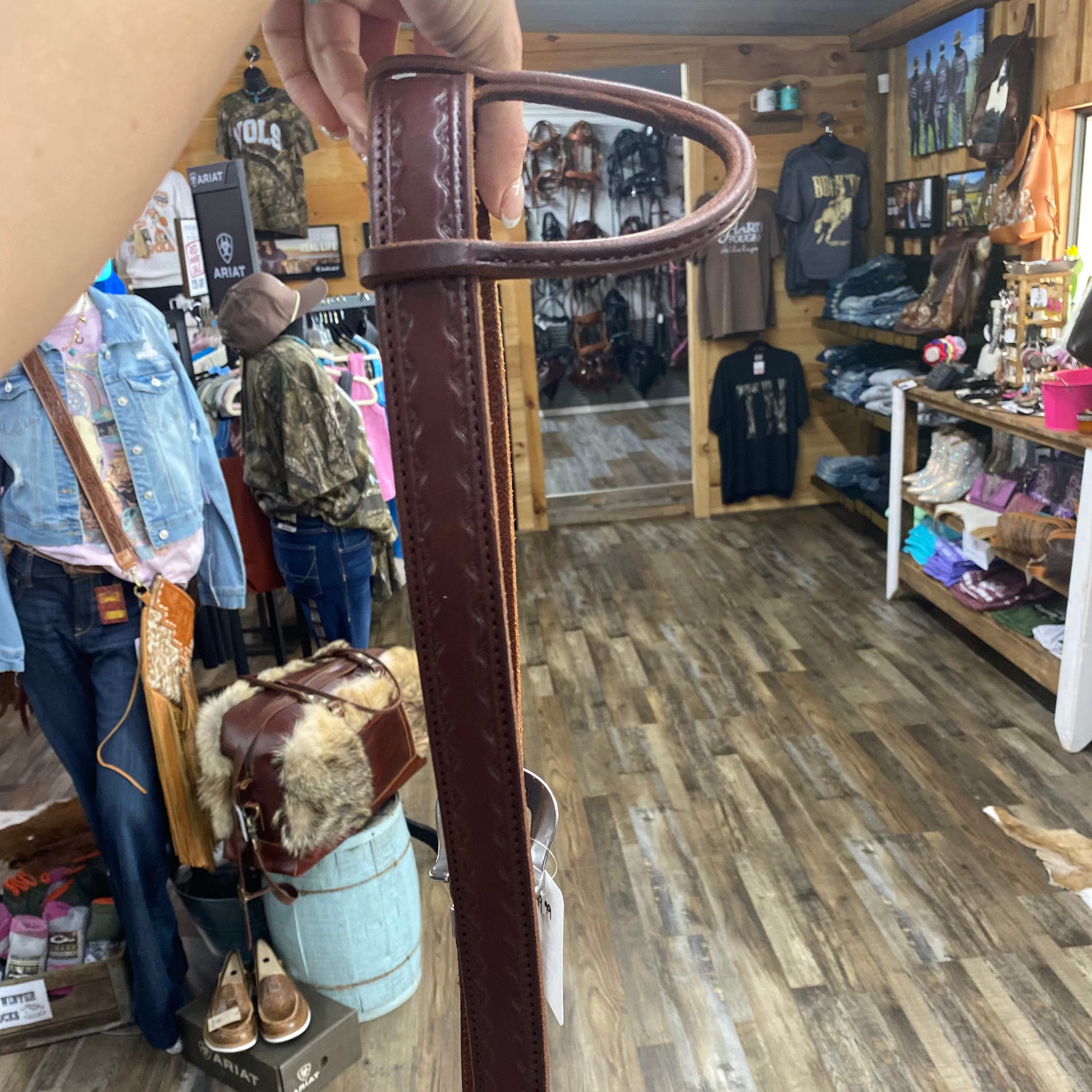Amish Made Wavy Leaf Tooled Leather One-Ear Headstall - Brown