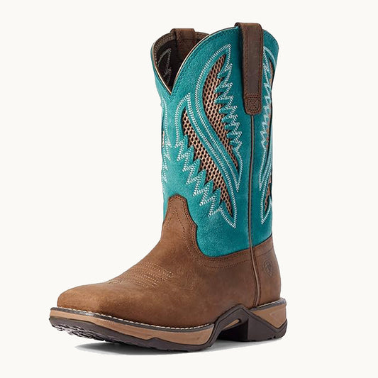 Ariat Womens Anthem VenTEK Square Toe Western Boot Chocolate Chip Turquoise