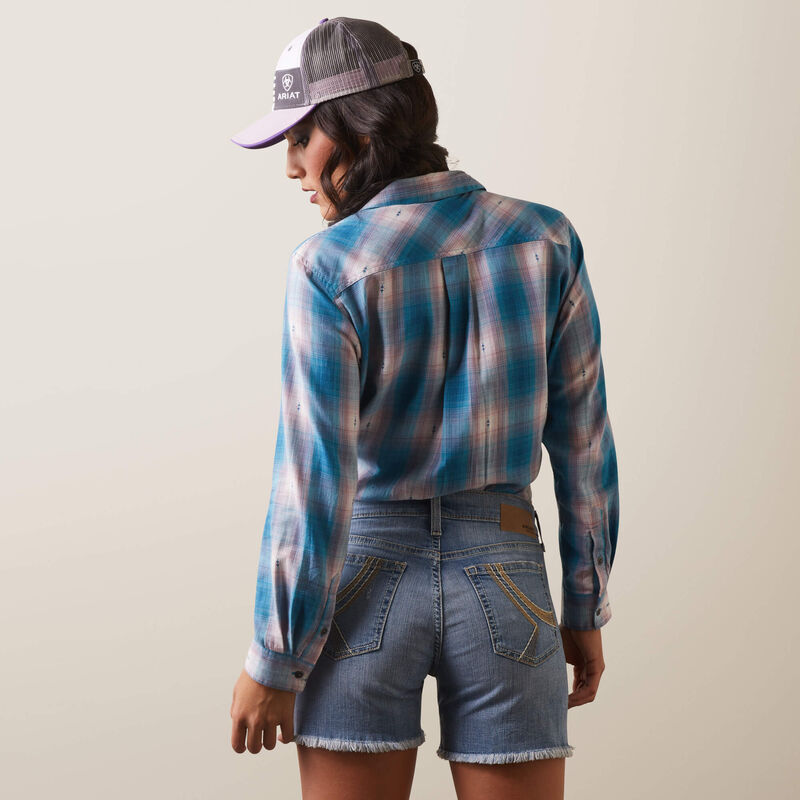 Ariat® Womens Real Billie Jean LS Shirt Idabel Dobby Plaid in Turquoise, Pink, and White