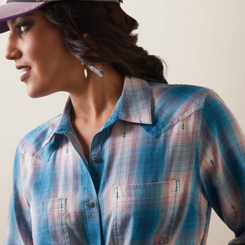 Ariat® Womens Real Billie Jean LS Shirt Idabel Dobby Plaid in Turquoise, Pink, and White