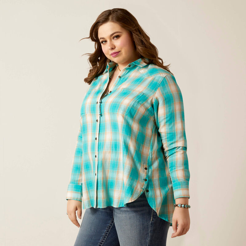 Ariat® Womens Real Billie Rae LS Shirt Ojai Plaid Turquoise Teal and Orange