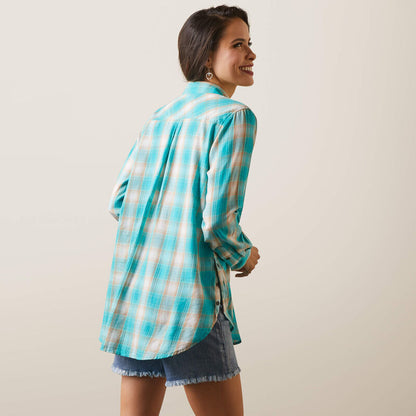 Ariat® Womens Real Billie Rae LS Shirt Ojai Plaid Turquoise Teal and Orange