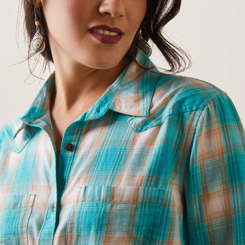 Ariat® Womens Real Billie Rae LS Shirt Ojai Plaid Turquoise Teal and Orange