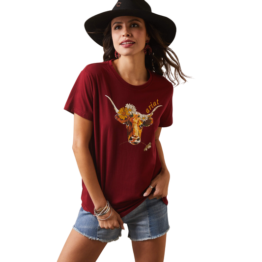 Ariat® Womens Real Daisy Steer SS T-Shirt Pomegranate Red