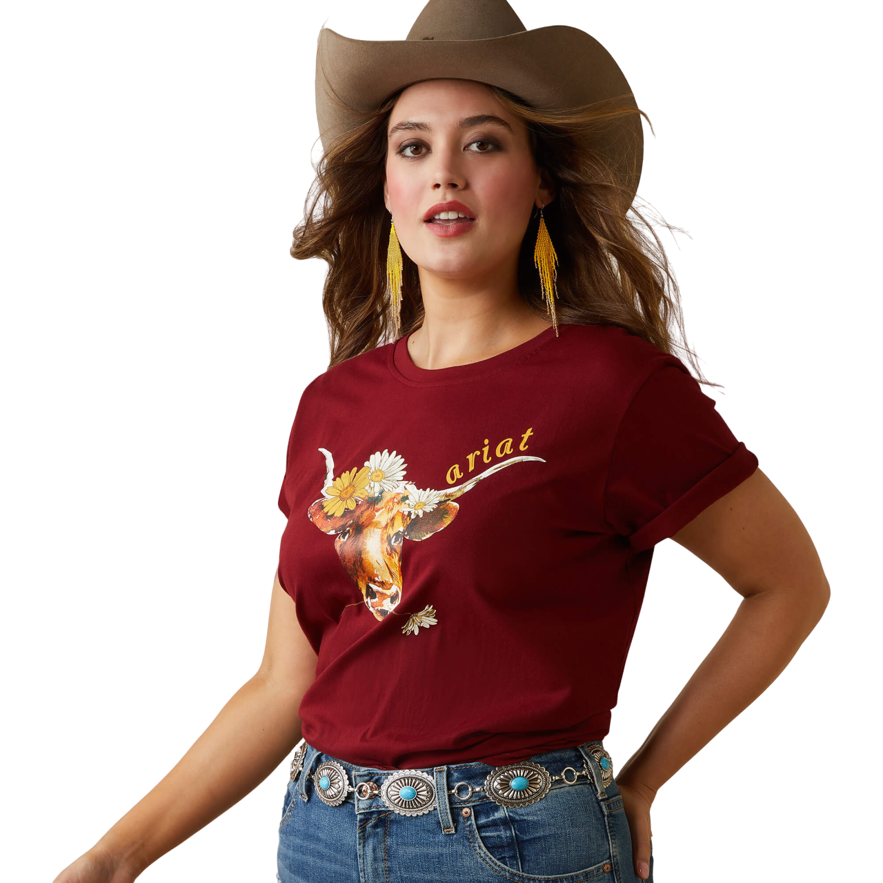 Ariat® Womens Real Daisy Steer SS T-Shirt Pomegranate Red