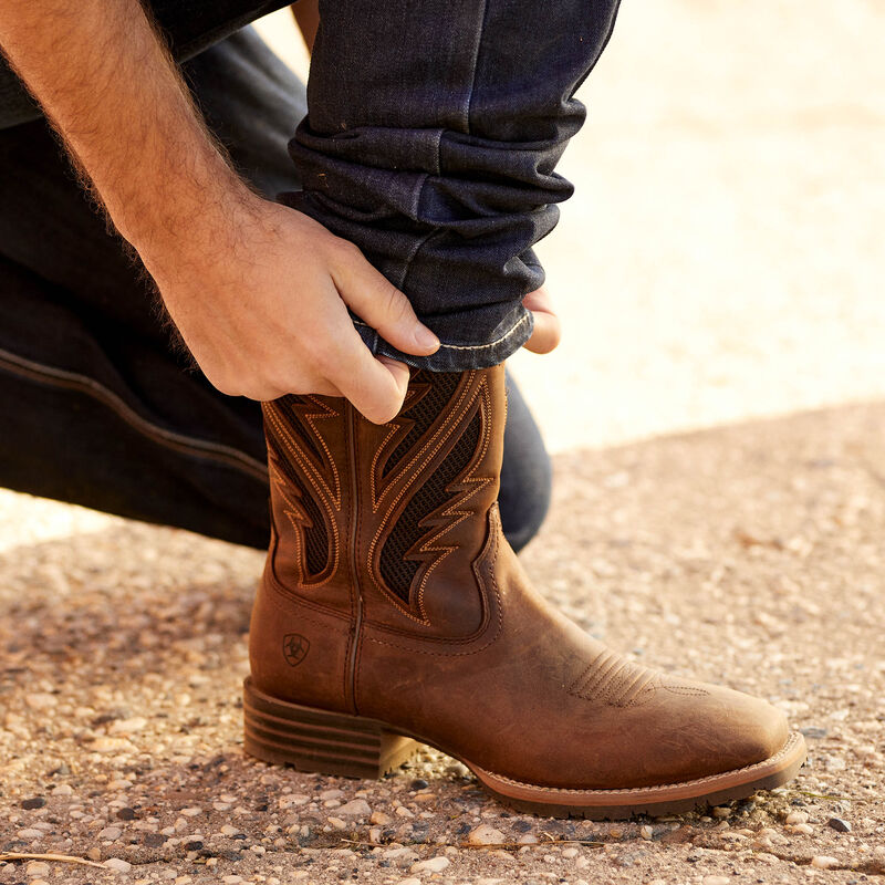 Ariat Mens Hybrid VenTEK Western Square Toe Cowboy Boot Distressed Tan