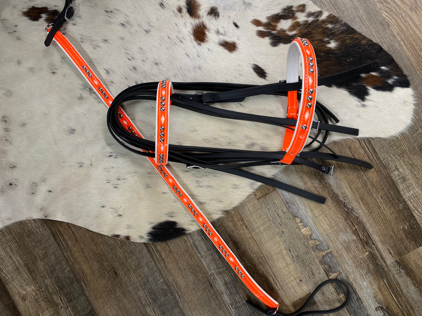 Biothane Black & Neon Orange Diamond Inlay & Studded Bridle w/ Matching Strait Breast Collar & Reins