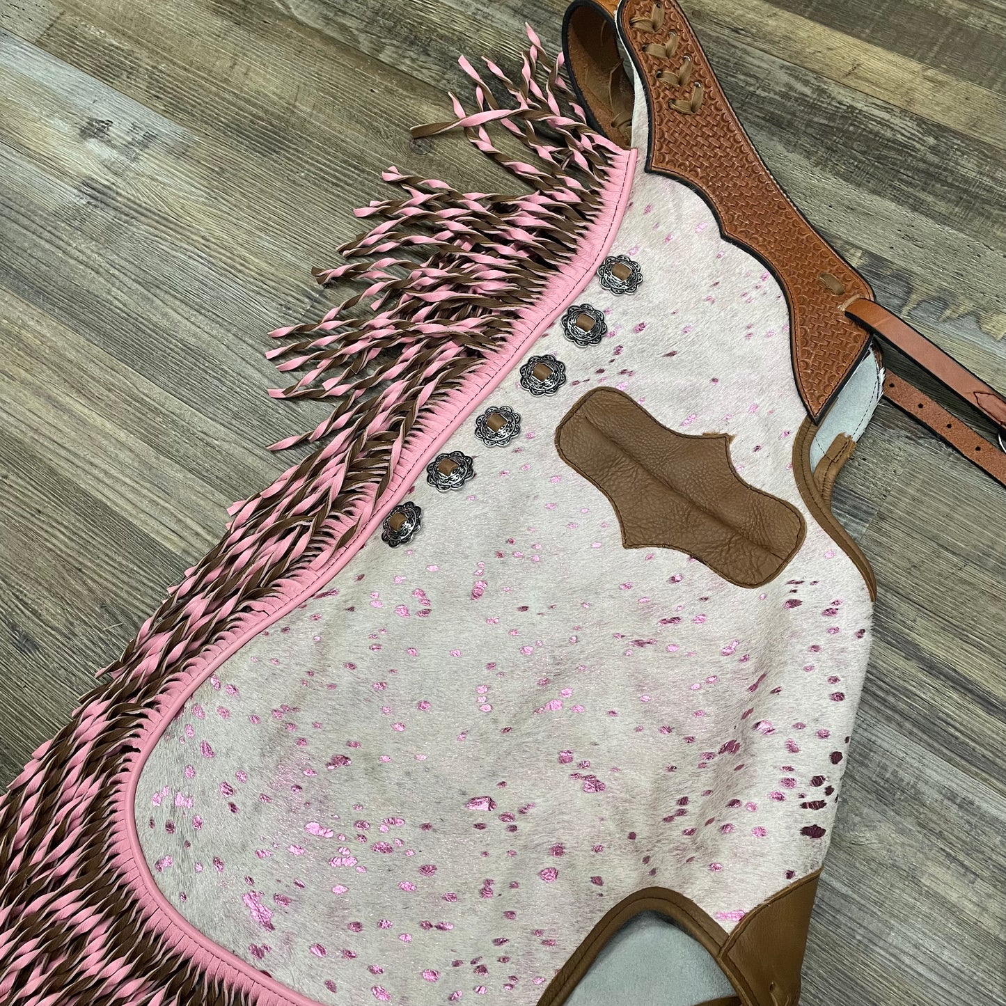 BARBIE COWHIDE Chaps Amish Custom Leather Tooled Basket Weave With Antique Silver Conchos & Interior Pocket W/ Pink Spiral Fringe