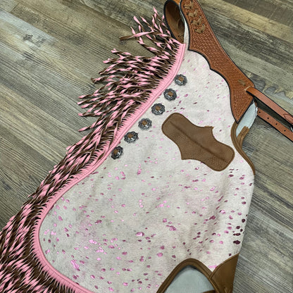 BARBIE COWHIDE Chaps Amish Custom Leather Tooled Basket Weave With Antique Silver Conchos & Interior Pocket W/ Pink Spiral Fringe
