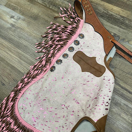 BARBIE COWHIDE Chaps Amish Custom Leather Tooled Basket Weave With Antique Silver Conchos & Interior Pocket W/ Pink Spiral Fringe