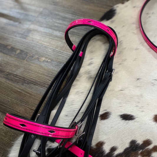 Biothane Black & Neon Pink Diamond Inlay Bridle w/ Matching Strait Breast Collar & Reins