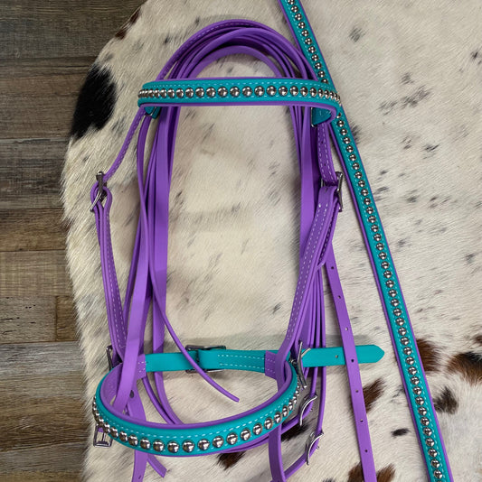 Biothane Teal & Purple Studded Bridle w/ Matching Strait Breast Collar & Reins