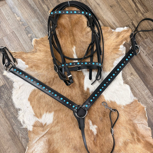 Black Biothane Turquoise & Silver Stud Bridle w/ Matching Breast Collar & Reins