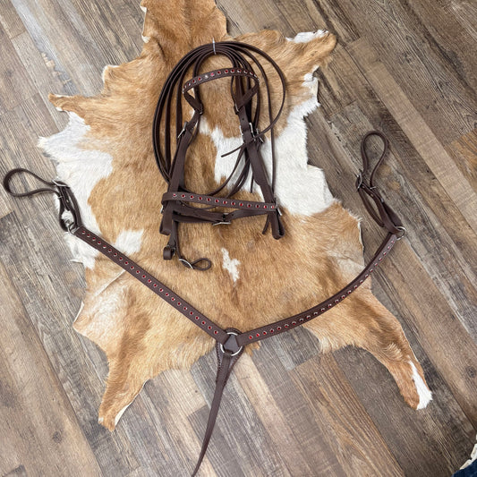 Brown Biothane Bridle Set w/ Red Studded Diamonds Complete w/ Matching Strait Breast Collar & Reins