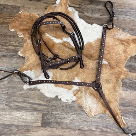 Brown Biothane Bridle Set w/ Silver Studs Complete w/ Matching Strait Breast Collar & Reins
