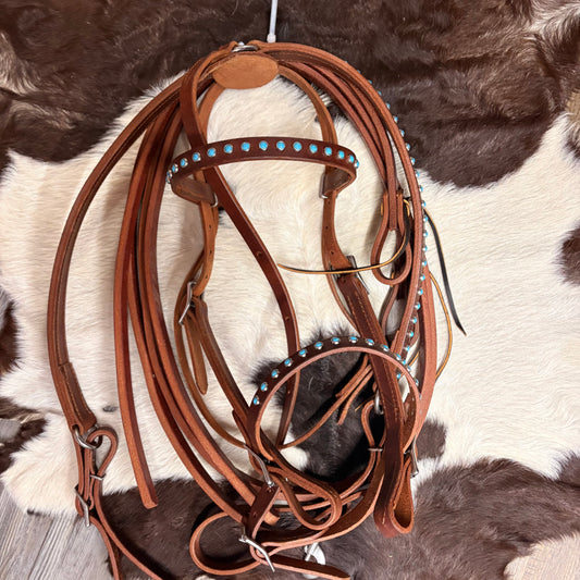 Brown Leather Bridle Set w/ Turquoise Silver Studs Complete w/ Matching 3 Point Breast Collar & Reins