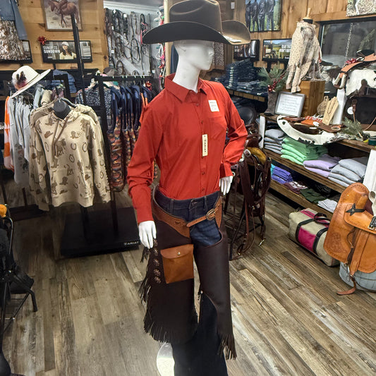 CHINKS Amish Custom Brown Distressed Leather Tooled Two Toned Basket Weave Tooling w/ Antique Copper Conchos w/ Fringe & Exterior Pocket