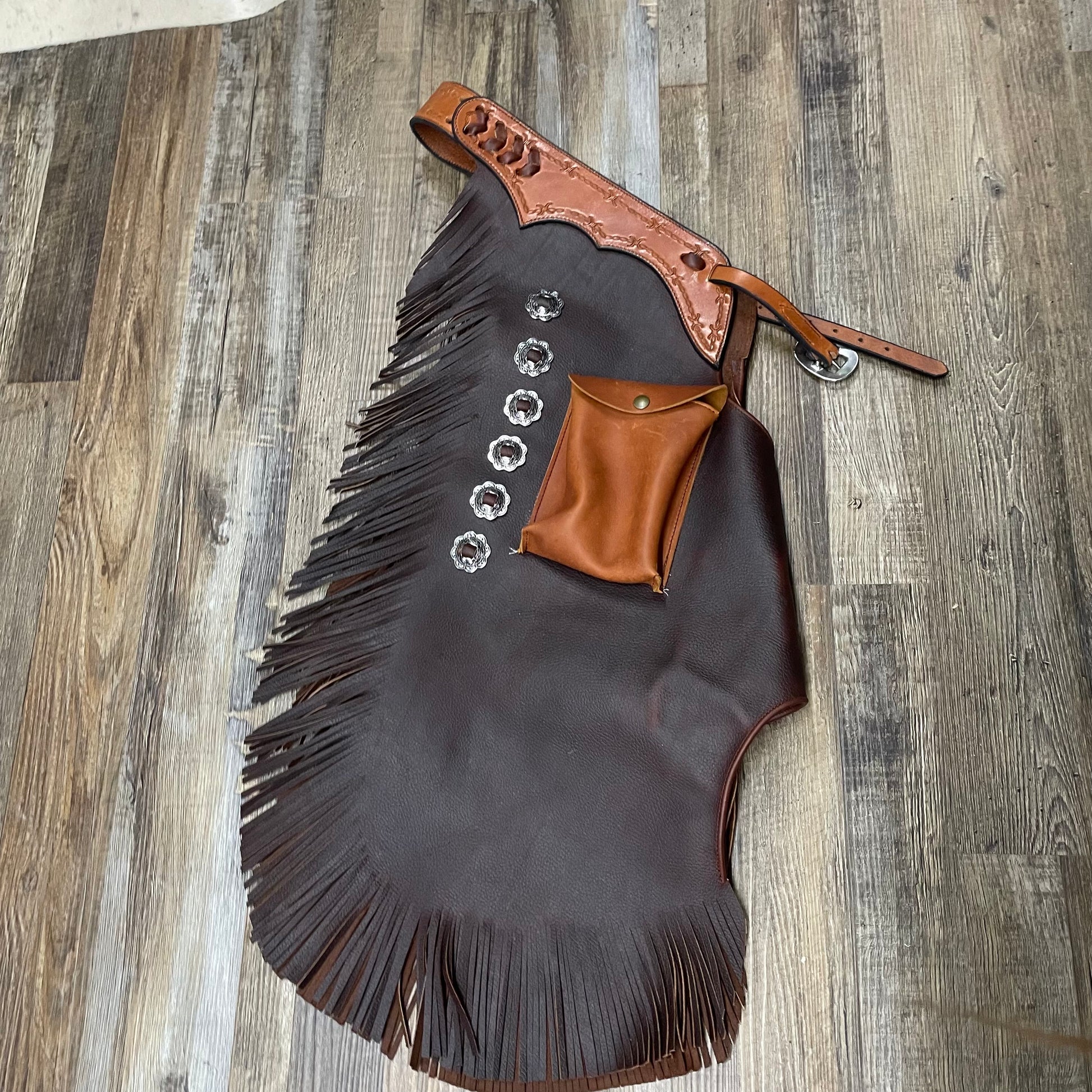 CHINKS Amish Custom Brown Distressed Leather Tooled Two Toned Basket Weave Tooling w/ Silver Conchos w/ Fringe & Exterior Pocket