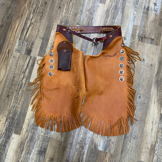 CHINKS Slave Falls Amish Custom Light Brown Distressed Leather Two Toned Basket Weave Tooling w/ Silver Conchos w/ Fringe & Exterior Pocket 