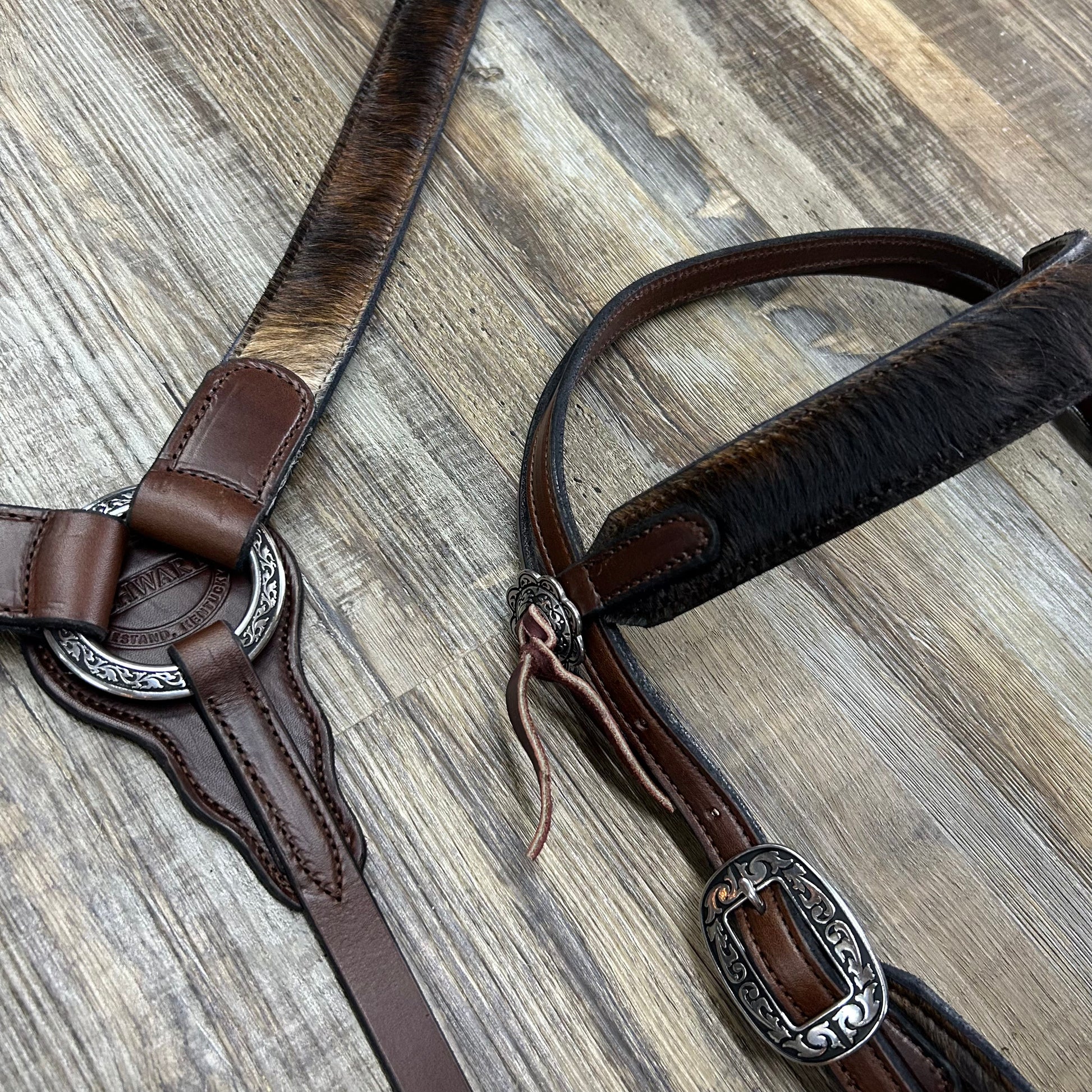 COWHIDE (Houston Hide) Schwartz Brown Leather Straight Bridle & Matching Breast Collar W/ Silver Stainless Steel Hardware Amish Crafted