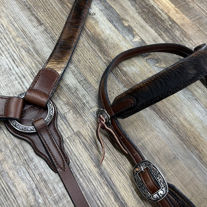 COWHIDE (Houston Hide) Schwartz Brown Leather Straight Bridle & Matching Breast Collar W/ Silver Stainless Steel Hardware Amish Crafted