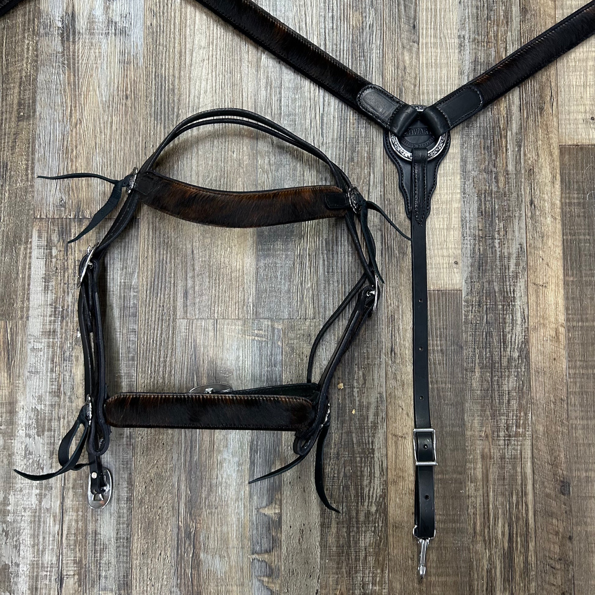 COWHIDE (OUTLAW Hide) Schwartz BLACK Leather Straight Bridle & Matching Breast Collar W/ Silver Stainless Steel Hardware Amish Crafted