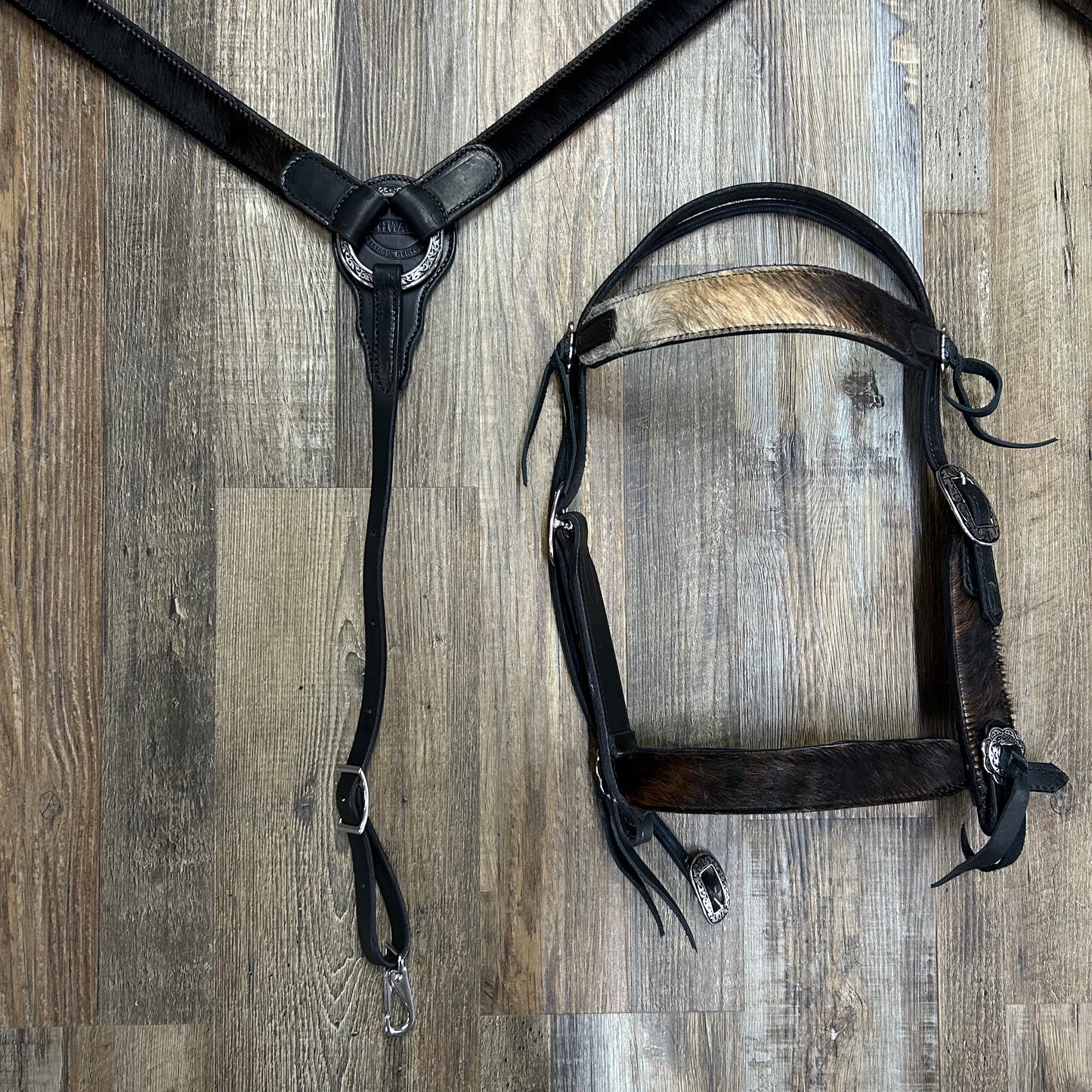 COWHIDE (Smokey Hide) Schwartz Black Leather Straight Bridle & Matching Breast Collar W/ Silver Stainless Steel Hardware Amish Crafted