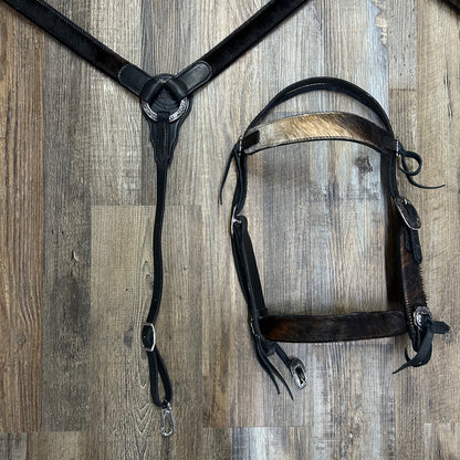 COWHIDE (Smokey Hide) Schwartz Black Leather Straight Bridle & Matching Breast Collar W/ Silver Stainless Steel Hardware Amish Crafted
