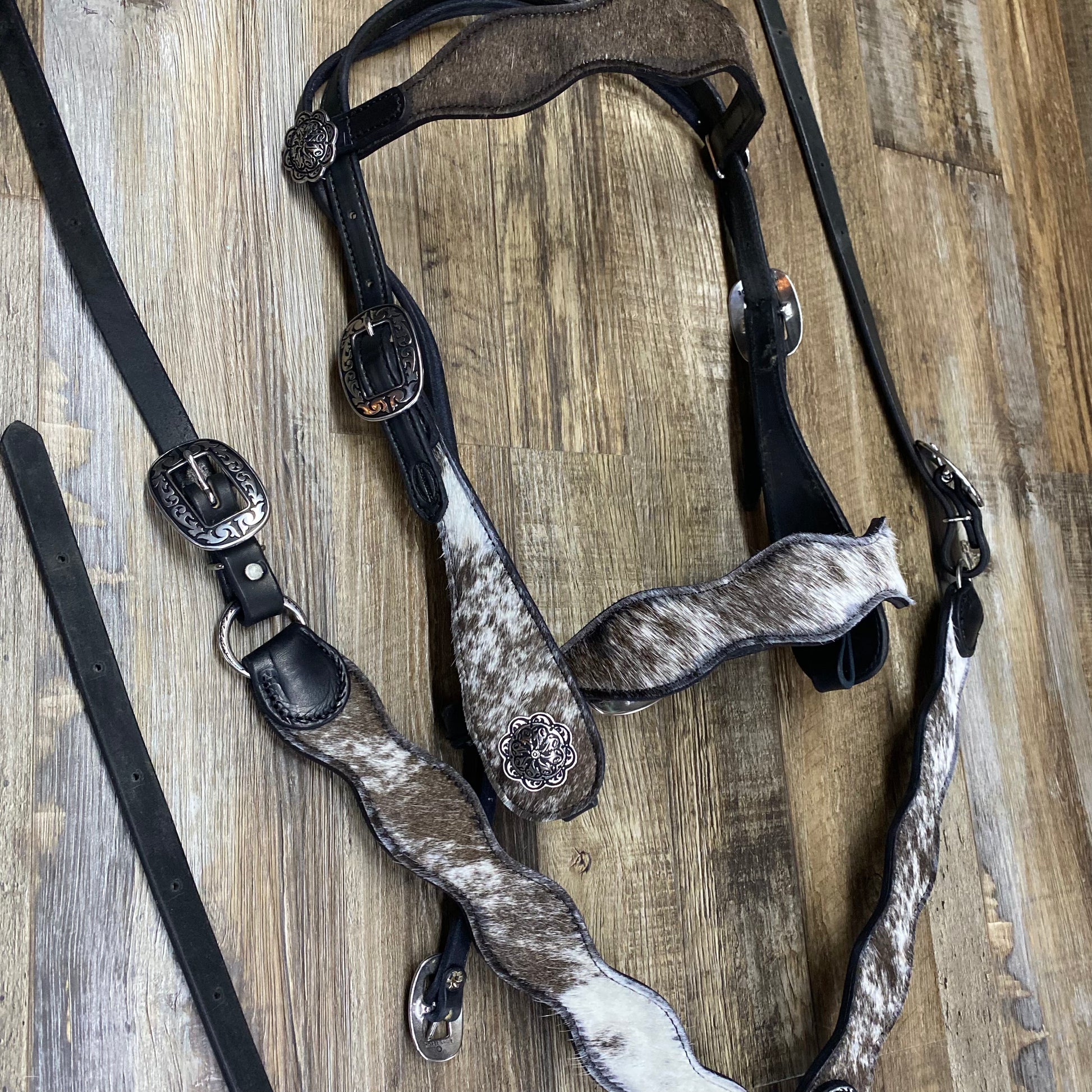 COWHIDE Speckled (Bourbon Hide) Schwartz Black Leather Wavy Bridle & Matching Breast Collar W/ Silver Stainless Steel Hardware Amish Crafted