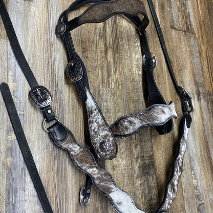 COWHIDE Speckled (Bourbon Hide) Schwartz Black Leather Wavy Bridle & Matching Breast Collar W/ Silver Stainless Steel Hardware Amish Crafted