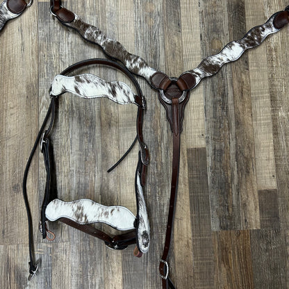 COWHIDE Speckled (Sidekick Hide) Schwartz Brown Leather Wavy Bridle & Matching Breast Collar W/ Silver Stainless Steel Hardware Amish Crafted