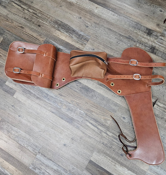 Chain Saw Saddle Bags w/ Adjustable Straps, Middle Zipper Bag, & Flap Bag Amish Crafted High Quality Leather & Stainless Steel Hardware