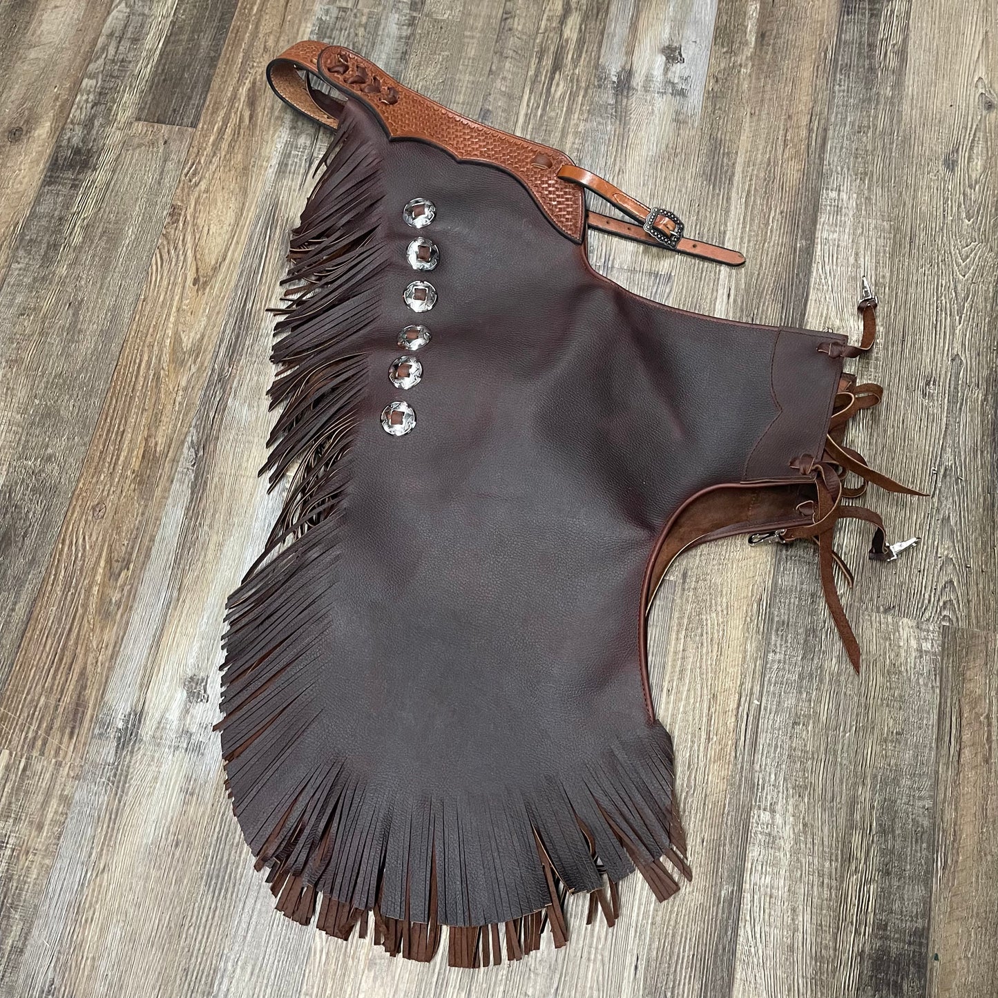Chaps Amish Custom Leather Tooled Basket Weave With Fringe & Antique Copper Conchos & Interior Pocket
