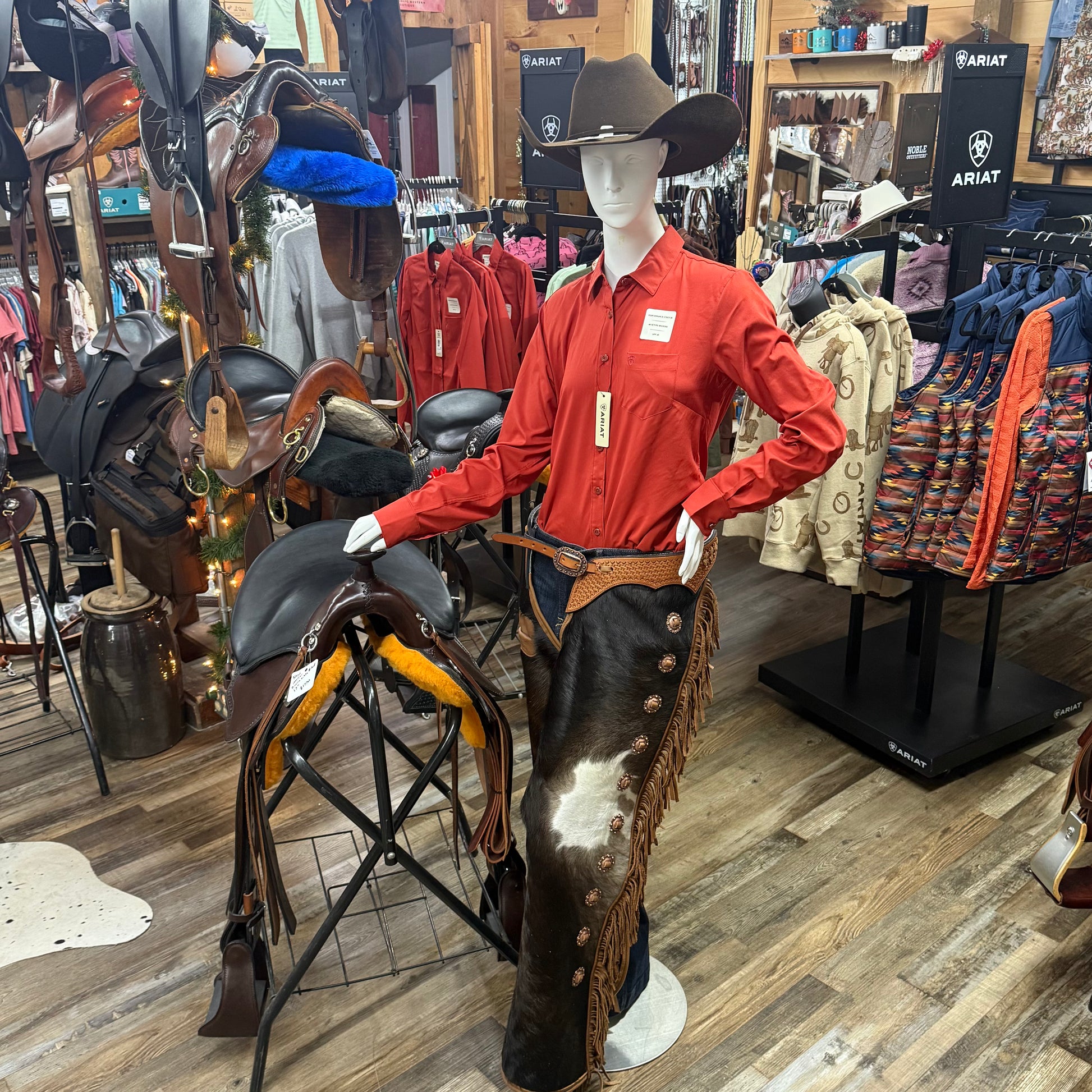 Chinks Amish Custom Cowhide & Brown Leather Tooled Basketweave w/ Fringe & Antique Copper Conchos