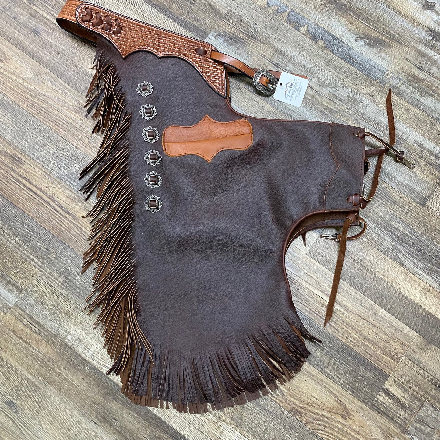 Chinks Amish Custom Storm Leather Tooled Basket Weave With Antique Silver Conchos & Interior Pocket